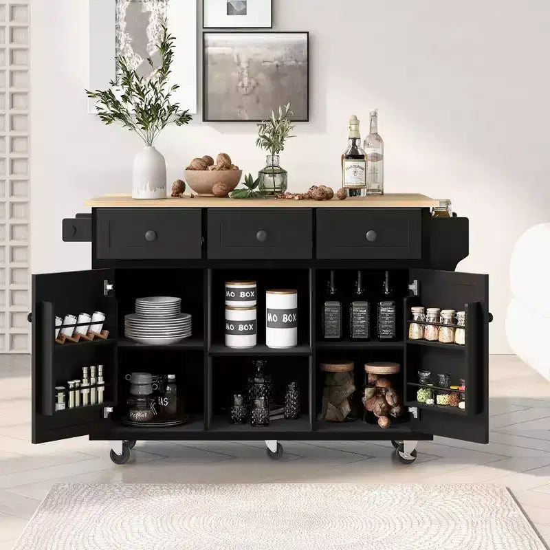 JVNOXK Five-wheel kitchen cart with rubberwood folding countertop and interior storage shelves in cabinet doors. Ideal for dining rooms. Black