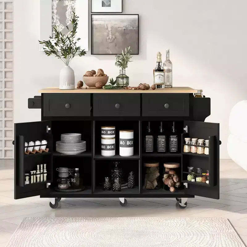 JVNOXK Five-wheel kitchen cart with rubberwood folding countertop and interior storage shelves in cabinet doors. Ideal for dining rooms. Black