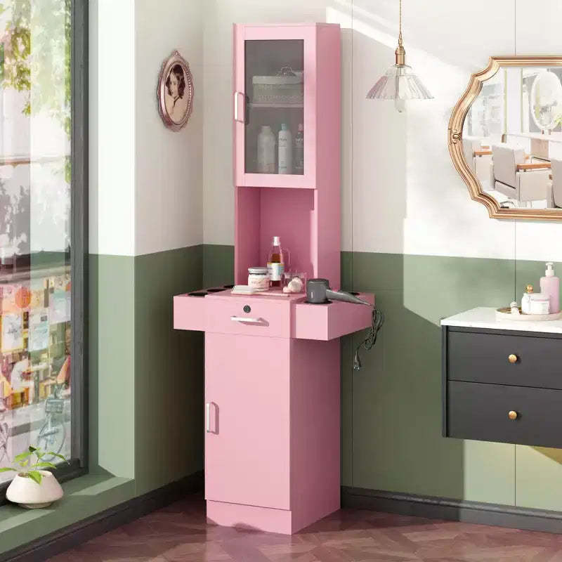 Sandinrayli Salon Station for Hair Stylist,Hair Styling Storage Cabinet with Glass Door Pink