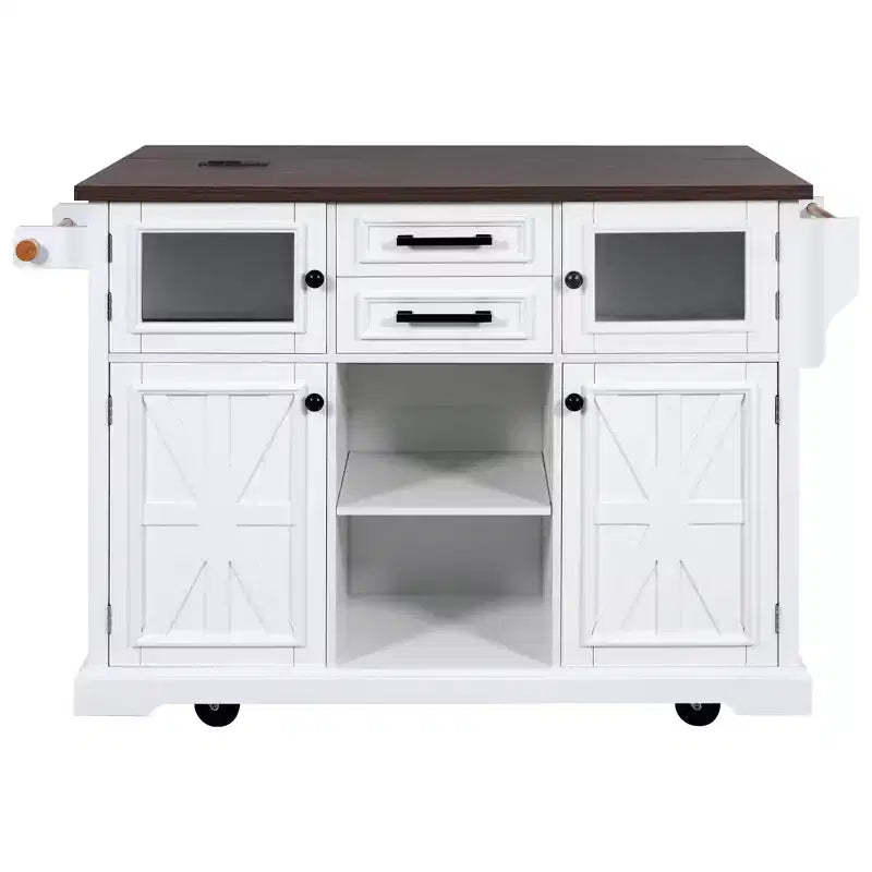 sumyeg 54.9 Kitchen Island with Drop Leaf, Power Outlet, Storage Cart with Glass & Barn Doors, 4 Shelves&Wheels (No Stools)
