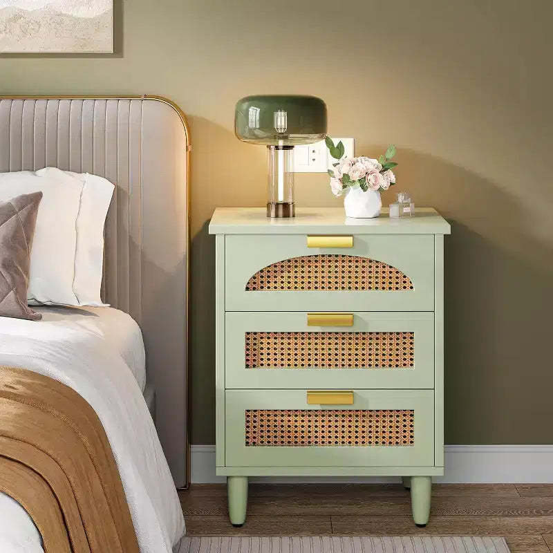 Lantine Rattan Night Stand, Mint Green 3-Drawer Bedside Table with Storage, End Table for Bedroom, Living Room, Sofa, Office