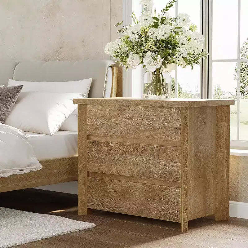 Lantine 3-Drawer Nightstand, Wooden Farmhouse Bedside Table for Bedroom, Large Wide Nightstand with Drawers, Oak