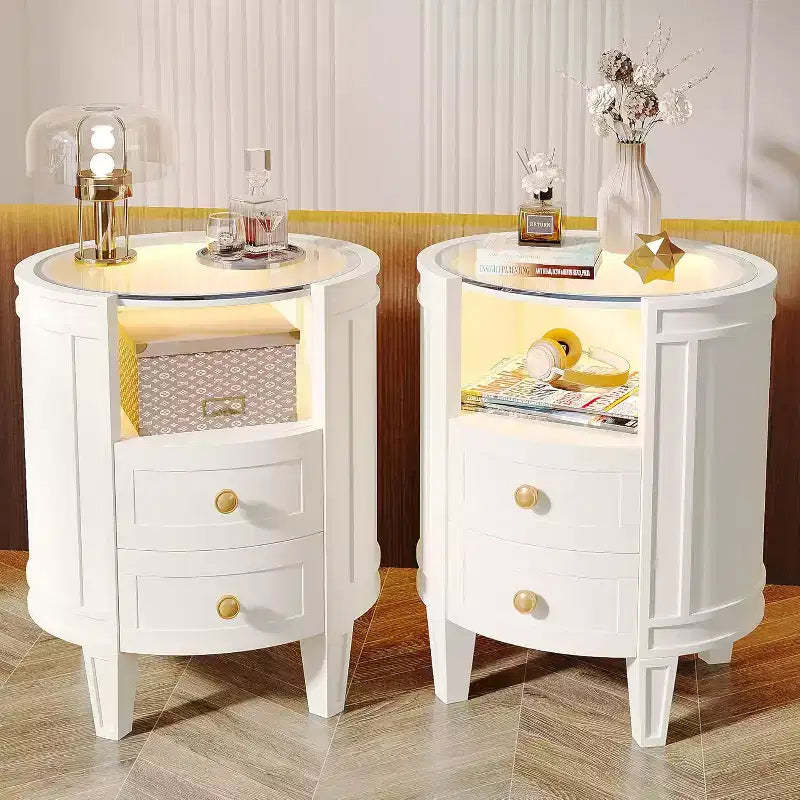 Lantine Set of 2 Modern Ivory White Nightstands with LED Glass Tabletop, 2 Drawers, No Assembly Required, Oval Bedroom Bedside Tables