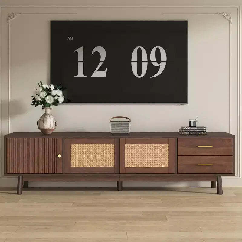 GDFStudio Leo Mid Century Modern TV Stand for 80 TVs, Storage with Sliding Doors and Drawers