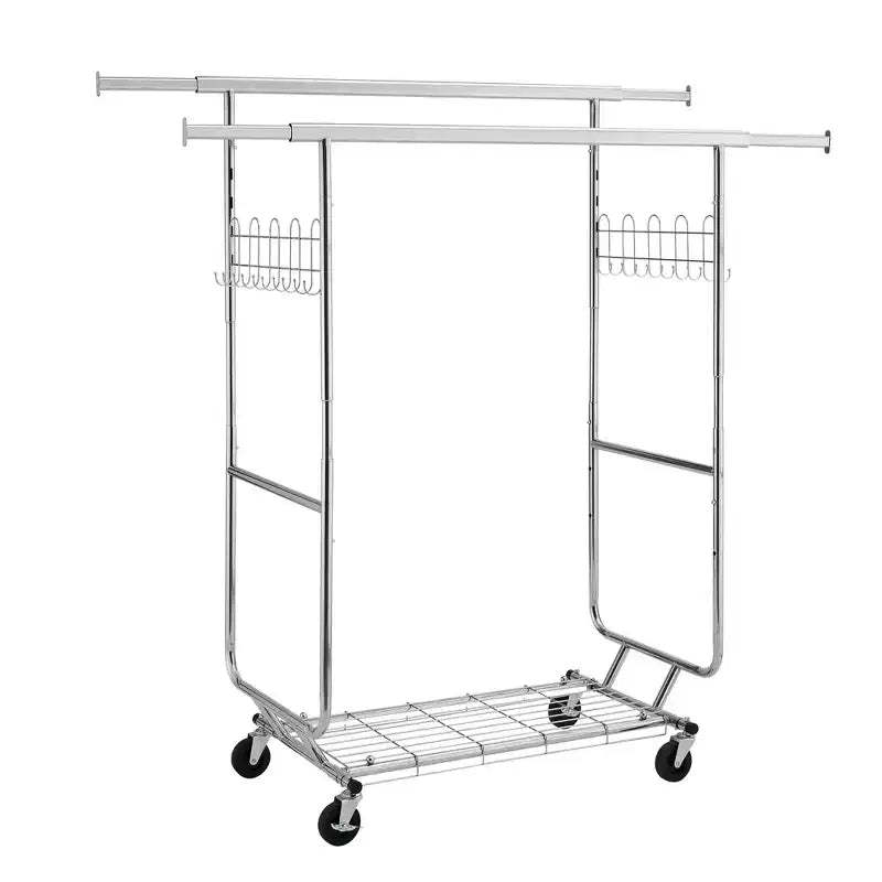 VIYET 68 800LBS Double Garment Rack with Shelves, Heavy-Duty Iron Rolling Clothes Rack (Collapsible Commercial Portable Hanger)