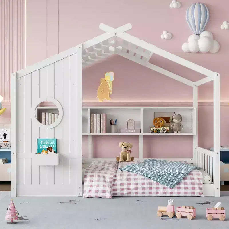 MAYEERTY Twin Size House Bed with Storage Shelf Roof Design for Bedroom White