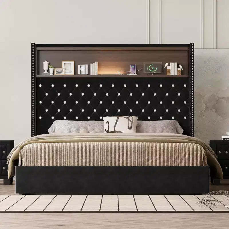 MAYEERTY Queen Size Velvet Tufted Bed with Port Night Light 52 HIgh Headboard with Rivet Decor Headboard Shelf for Bedroom Black