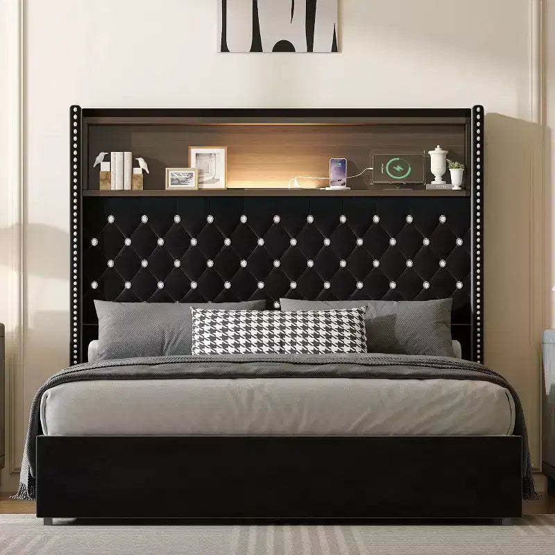 MAYEERTY Full Size Velvet Tufted Bed with Night Light 52 High Headboard Rivet Decor Wing-back Platform Headboard Shelf for Bedroom Black