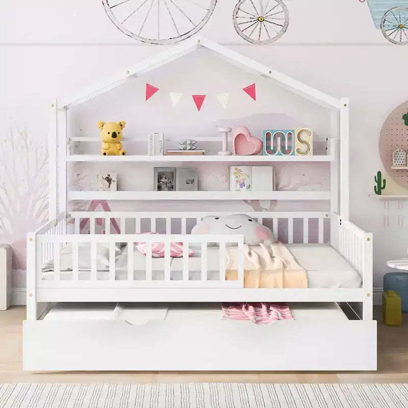 MAYEERTY Wooden Full Size House Bed with Twin Size Trundle Kids Bed with Shlef for Bedroom White