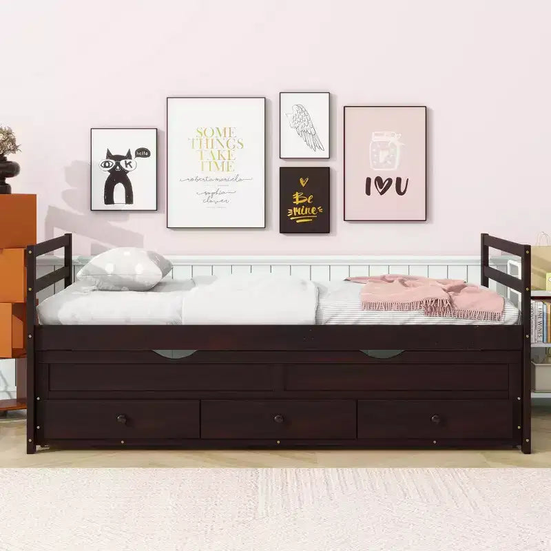 MAYEERTY Twin Size Bed With Headboard, Trundle and Three Storage Drawers