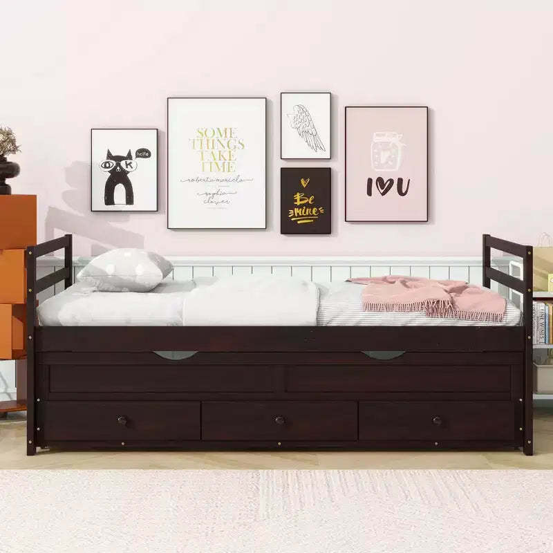 MAYEERTY Twin Size Bed With Headboard, Trundle and Three Storage Drawers