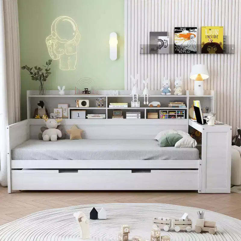 MAYEERTY Twin Size Bed with Storage Shelves Multifunctional Bed with Trundle Bed Study Desk for Bedroom Antique White