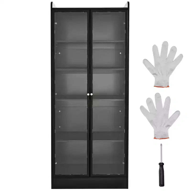VEVOR Display Cabinet with Doors, 67 in Tall Lighted Display Case with 2 Adjustable Shelves, 5-Tier Curio Collectibles Storage Cabinet, Black