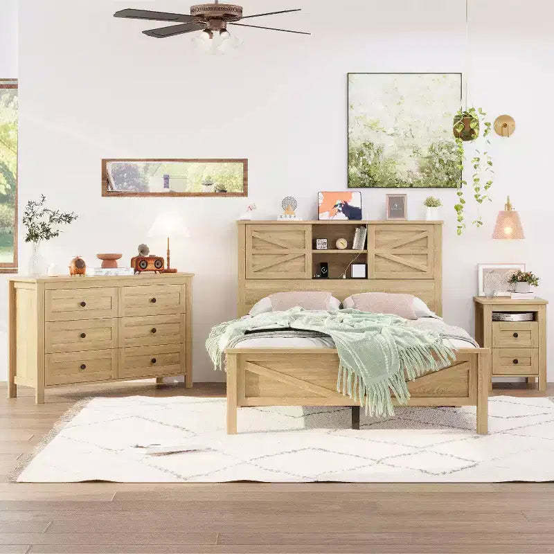 MAYEERTY 3 Pieces Full Bedroom with Double Sliding Door Storage Headboard and Chariging Station Storage Nightstand and Dresser for Bedroom Natural