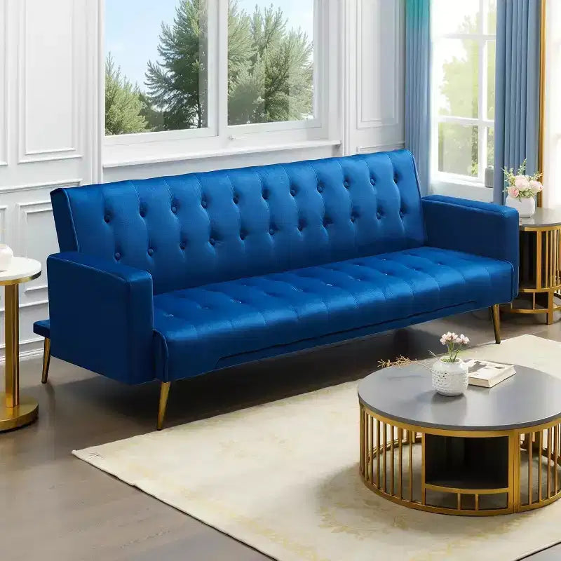MooxvMoo 75 Convertible Futon Sofa Bed, Modern Adjustable Backrest Futon Couch with Metal Legs for Living Room, Apartment, Office, Blue