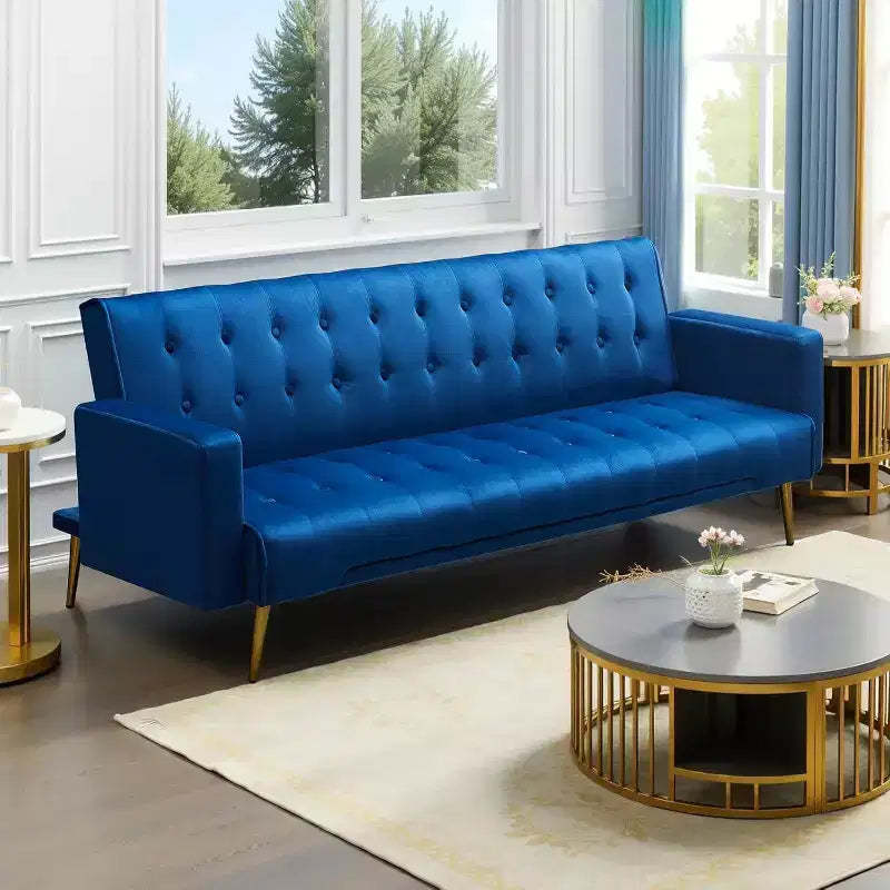 MooxvMoo 75 Convertible Futon Sofa Bed, Modern Adjustable Backrest Futon Couch with Metal Legs for Living Room, Apartment, Office, Blue