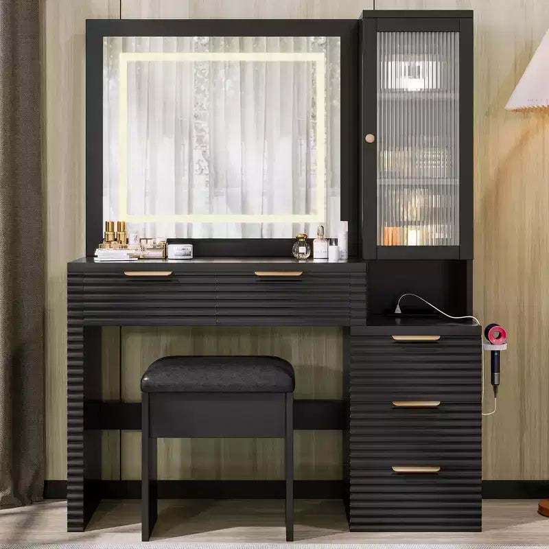 GDFStudio Doris Modern Wood Makeup Vanity with Stool, LED Lighted Mirror, Glass Door Cabinet, 5 Drawers and Charging Station