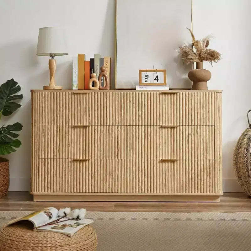 6 Drawer Dresser for Bedroom, 55 Wide Chest of Drawers with Gold Handles, Fluted Closet Drawer TV Stand