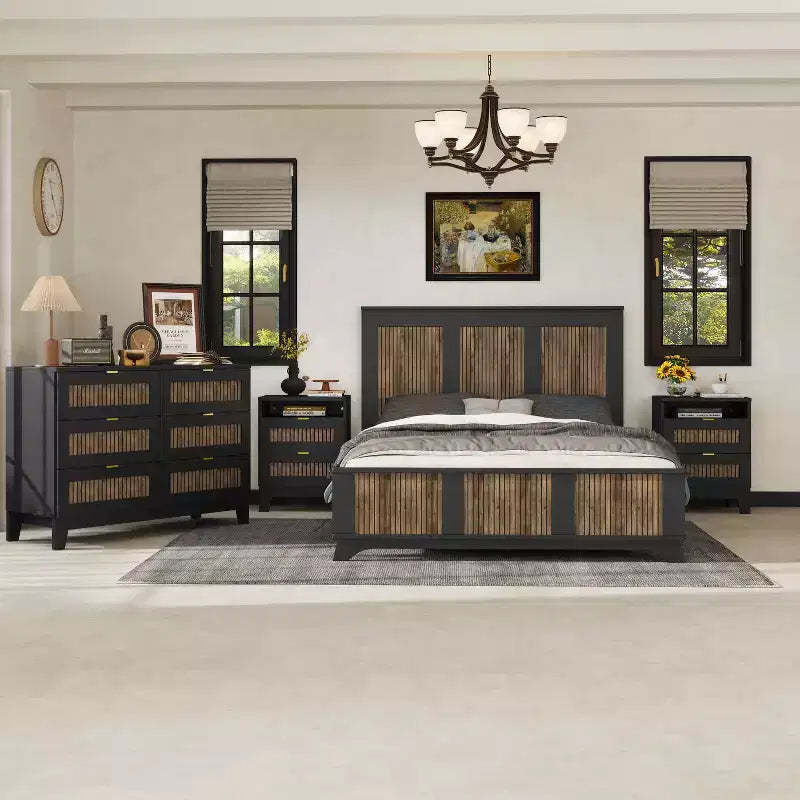 MAYEERTY 4 Pieces Bedroom Set, Queen Size Platform Bed with Wooden Strip Stickers Decor Storage Nightstand and Dresser Metal Handle for Bedroom Black