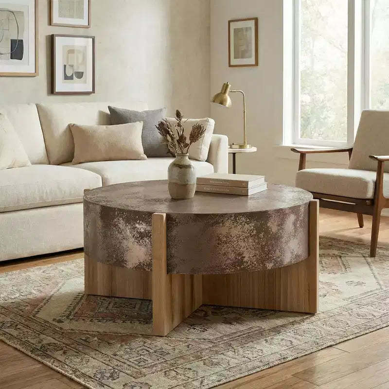 ModernLuxe Round Rustic Coffee Table Center Table Vintage Industrial Accent Table with Distressed Rust Finish & Wood Legs, Natural