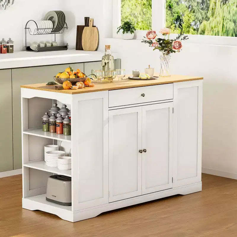 EROMMY 53 Mobile Kitchen Island Cart, Kitchen Storage Islands With Trash Can Cabinet, Spice Rack, Towel Bar & Drawers