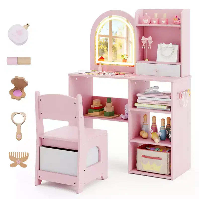 Costway Kids Vanity Set Princess Girls Makeup Vanity Desk w/ 3-Color LED Lighted Mirror Pink