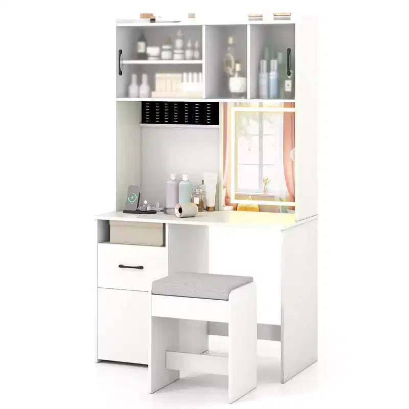 Costway 39.5'' Vanity Desk w/Mirror Lights Power Outlets Adjustable Brightness Shelves