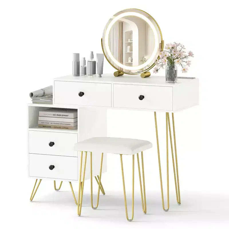 Costway Vanity Desk w/ Mirror Lights Built-in Power Outlet 4 Storage Drawers Stool