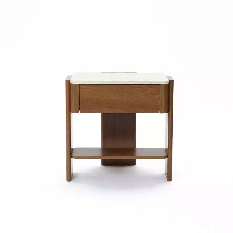 LuxenHome Faux Travertine Nightstand with Drawer and Open Shelf, MDF Wood Accent Side Table Brown