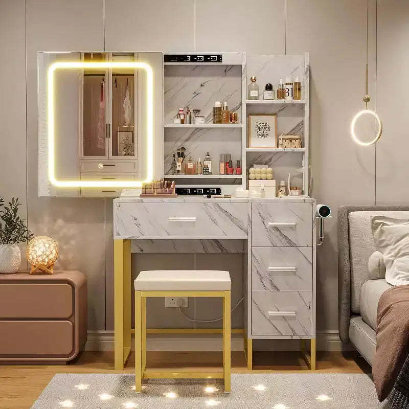 57'' Large Vanity Desk with Mirror & Lights,Makeup Vanity Table with Charging Station, 3 Lighting Modes,Elegant Vanity Set with 4 Drawers and Shelves