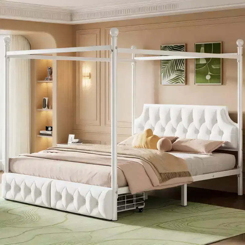 Luxystar Modern Queen Size Metal Canopy Platform Bed with Upholstered Headboard and 2 Drawers, White