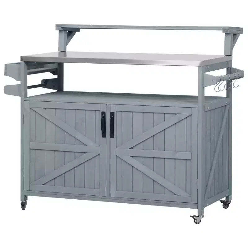VIYET 43 K&K Outdoor Kitchen Island, Grey-Blue Solid Wood Grill Cart w/ Stainless Steel Top (Raised Shelf+Adjustable Storage Rack)