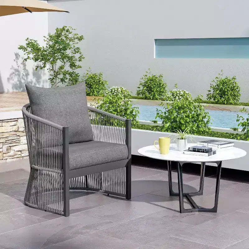 MAYEERTY Modern Gray Curved Aluminum Lounge Chair, Rope-Weave Cushioned Chair for Outdoor Living