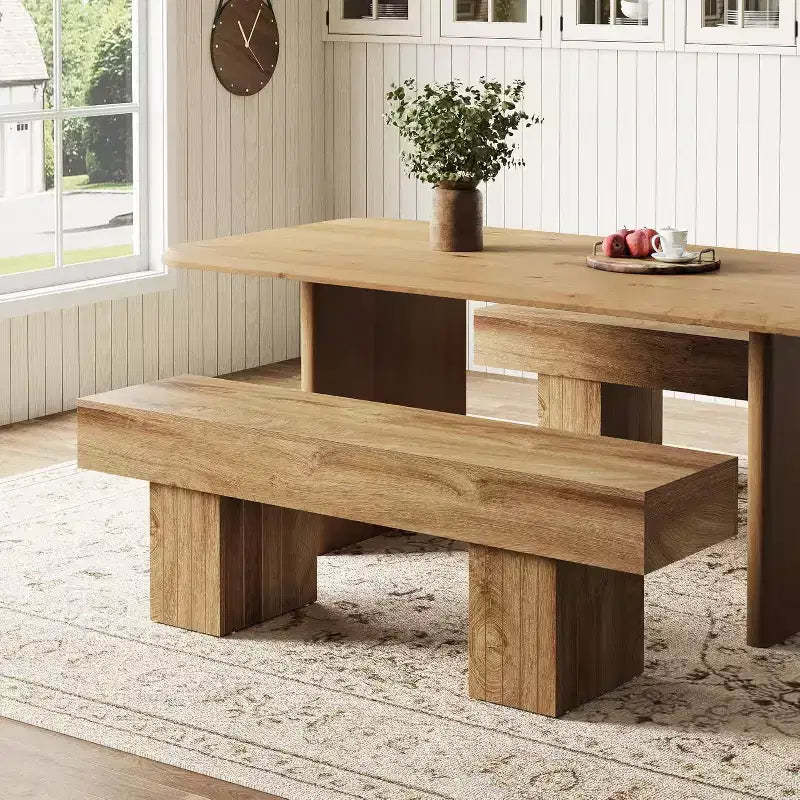 Lantine 55 Light Brown Farmhouse Wooden Bench, suitable for dining room, bedroom, kitchen, hallway as entryway or end-of-bed bench.