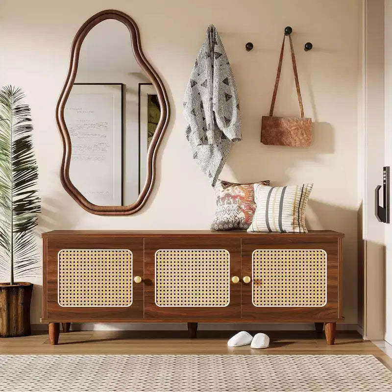 Lantine 55 Rustic Brown Lift Top Shoe Bench with 2-Tier Storage, Rattan Doors, Hidden Storage & Seat for Entryway, Hallway, Living Room.