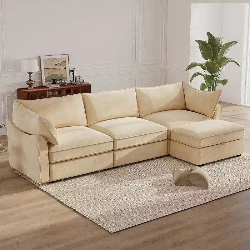 MooxvMoo 112in Chenille Sofas for Living Room,L Shaped Couch with Storage,Sectional Couch w/ Pull Out Drawer & Throw Pillows & Storage Ottoman,Wheat