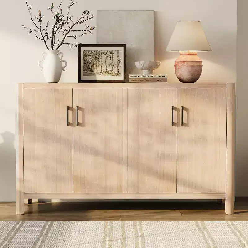 JVNOXK 59-inch Farmhouse-Style Four-Door Cabinet Natural wood veneer finish Rounded corners Storage space included Soft-close hinges Natural color