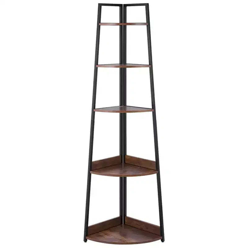 VIYET 70 5-Tier Industrial Corner Shelf - Metal Frame, Wooden Shelves,Rustic Brown