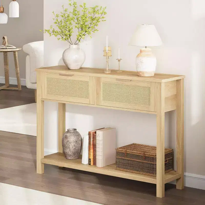 Farmhouse Rattan 43 Console Table  2 Drawers & Open Storage Shelf  Narrow Sofa Table for Entryway, Living Room, Hallway, Foyer