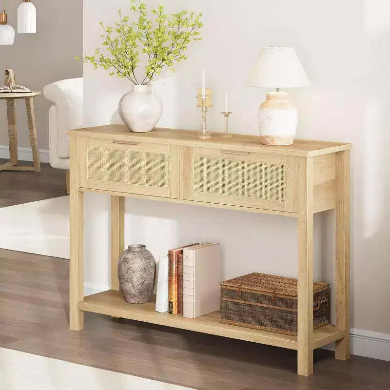 Farmhouse Rattan 43 Console Table  2 Drawers & Open Storage Shelf  Narrow Sofa Table for Entryway, Living Room, Hallway, Foyer