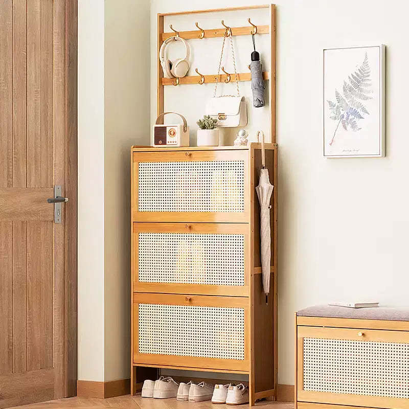 Bamboo Shoe Cabinet with 3 Rattan Flip Drawers and Coat Hooks, Narrow Freestanding Shoe Storage Cabinet