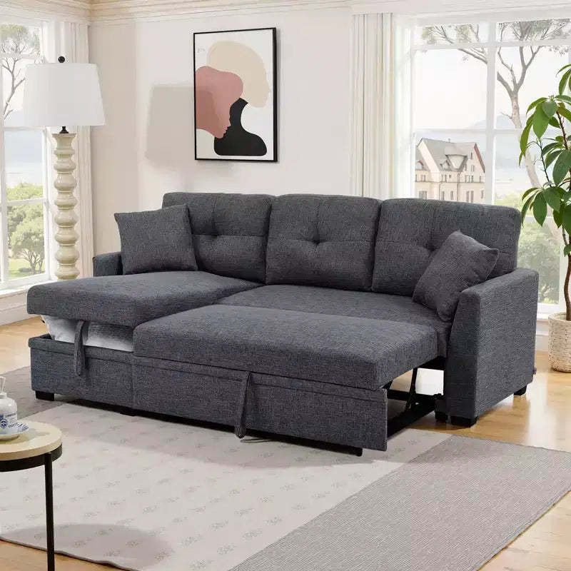 MooxvMoo 86 Modern Sleeper Sectional with Reversible Chaise, 3-Seater Convertible L-Shaped Sofa Bed, Pull-Out Couch in Linen-Like Fabric, Gray