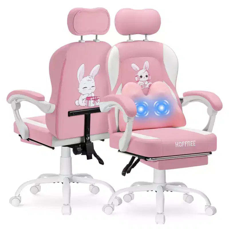 HOFFREE Kids Bunny Gaming Chair with Massage Pillow & Footrest, Adjustable & Ergonomic, Cute Kawaii Design for Ages 814