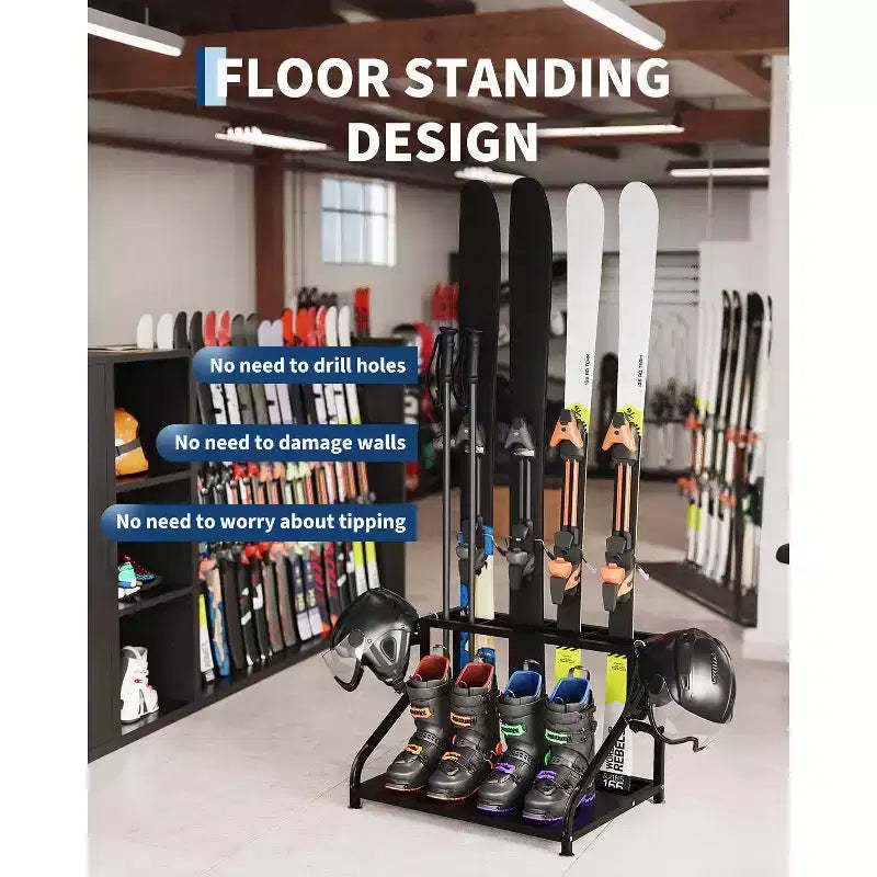 Storage Rack, Freestanding Floor Stand Holder Holds 4 Pairs of Skis, Poles, Boots, Helmet & Organizer for Garage, Basement, Home, 23x19x16 In