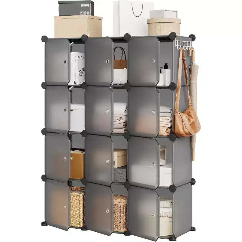 12 Cube Storage Organizer with Doors Modular Plastic Bookcase for Bedroom Living Room, Gray