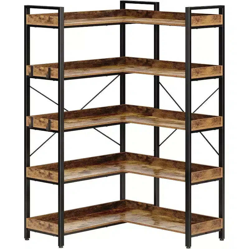 COZONY 5-Tier L-Shaped Industrial Corner Bookshelf, Tall Wooden Bookcase w/ 4 Hooks & Metal Frame