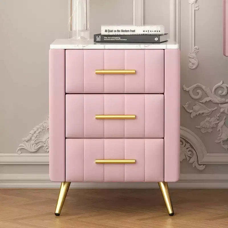 MAYEERTY Upholstered Wooden Nightatand with 3 Drawers Metal Legs Handles for Bedroom Pink