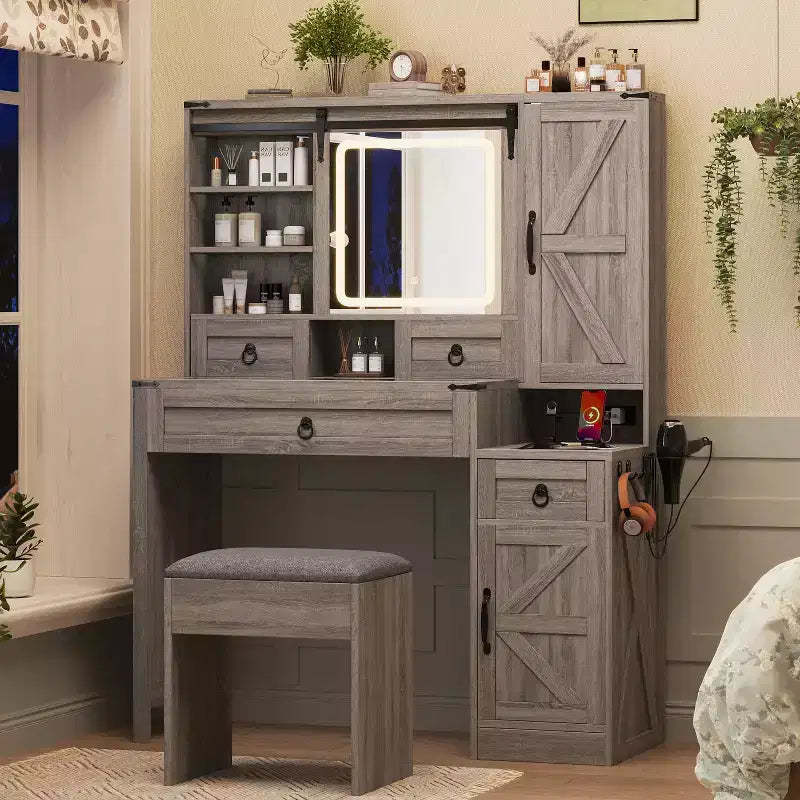 MAYEERTY Vanity Desk with Sliding Mirror Glass Top Charging Station 4 Drawers 2 Cabinets Stool for Bedroom Gray