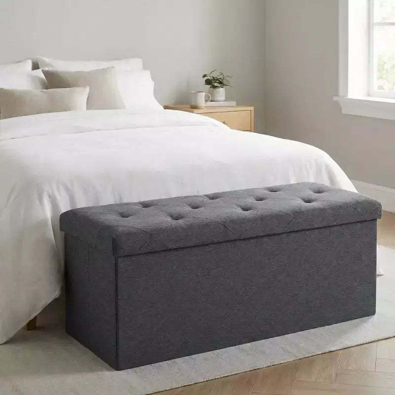 Folding Storage Ottoman Bench with Flip-Top Lid, Upholstered Footrest & End of Bed Storage Chest for Living Room Bedroom Entryway, 47 Gray