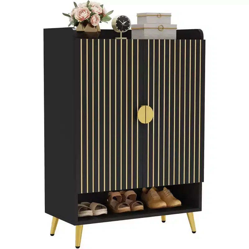 Lantine 7-Tier Black Wooden Shoe Cabinet with Doors and Adjustable Shelves, ideal for Entryway, Hallway, Closet, Living Room shoe storage.
